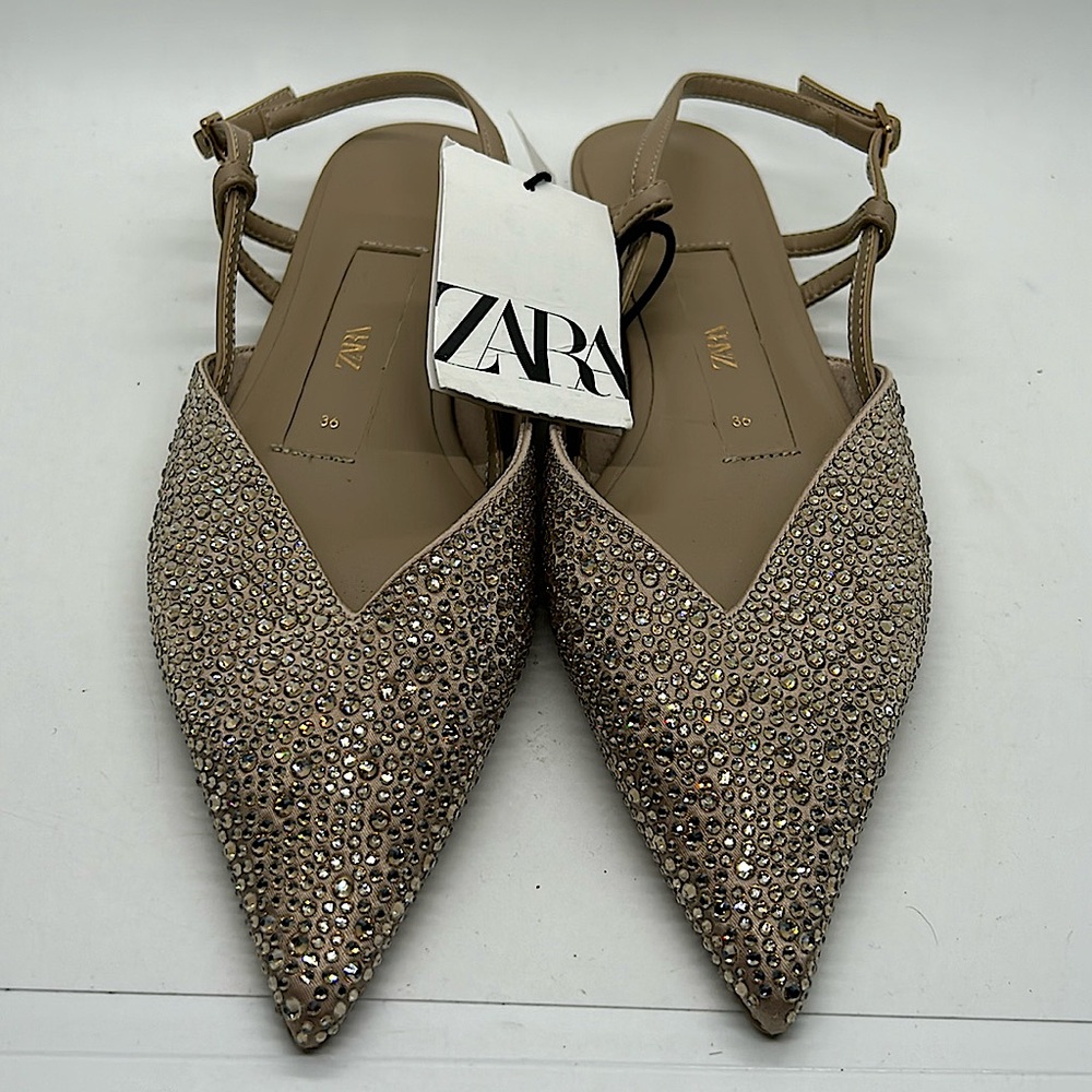 Zara NWT Tan Glittery Rhinestones Pointed Toe Flats Shoes **Size 36/US 6** 🌸🌸 - Picture 2 of 6